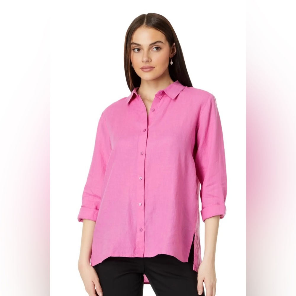 NWT Eileen Fisher Handkerchief Linen‎ Classic Collar Shirt, Tulip Pink, XS, $168